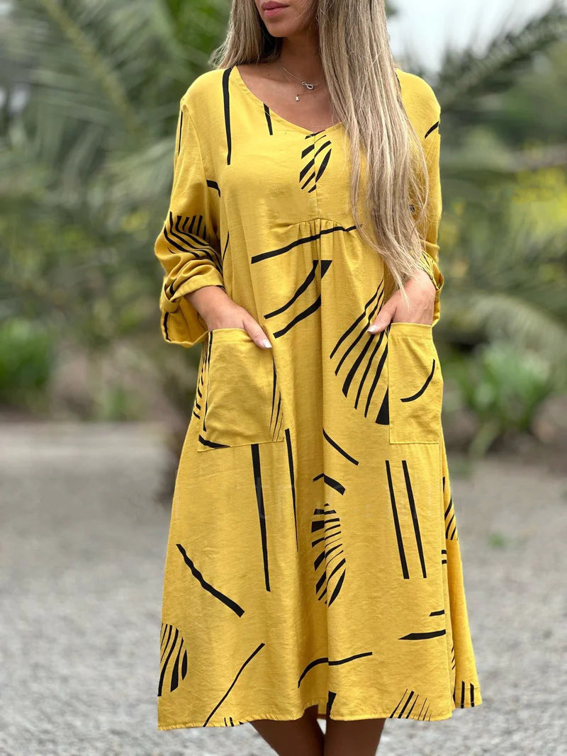 Printed V Neck Long Sleeve Dress