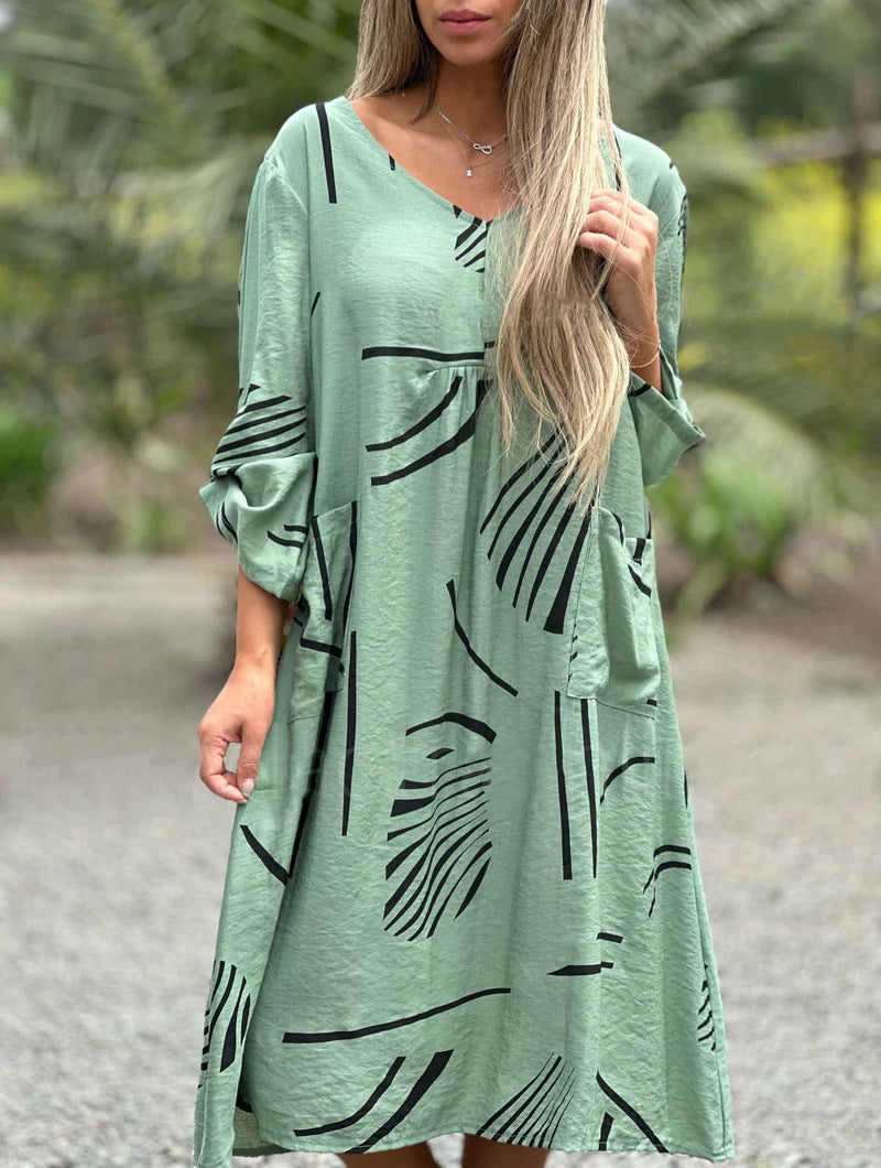 Printed V Neck Long Sleeve Dress