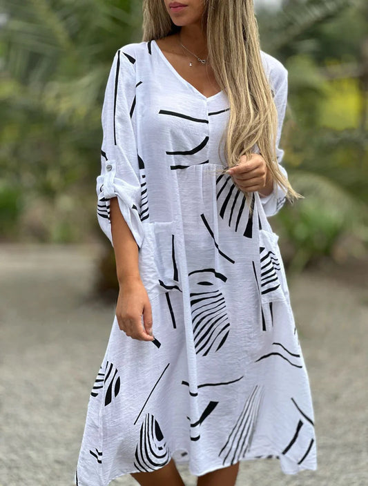 Printed V Neck Long Sleeve Dress