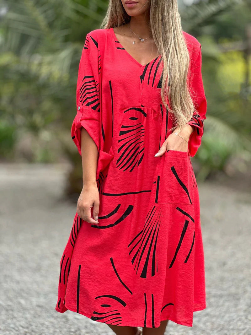 Printed V Neck Long Sleeve Dress